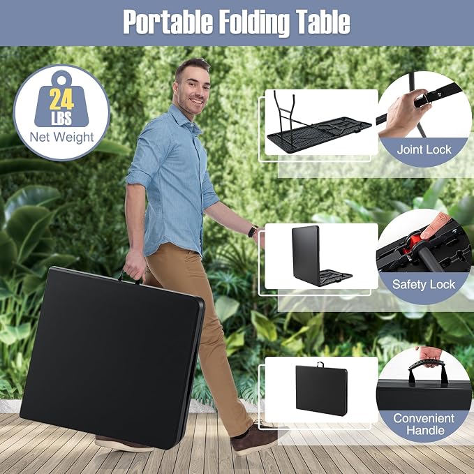 Folding Table, HDPE Portable Table with 6 ft Long Tabletop, Metal Frame Picnic Camping Table with Safe Lock, Collapsible Dining Table for Camping, Picnic, Party (Black, 6 FT)