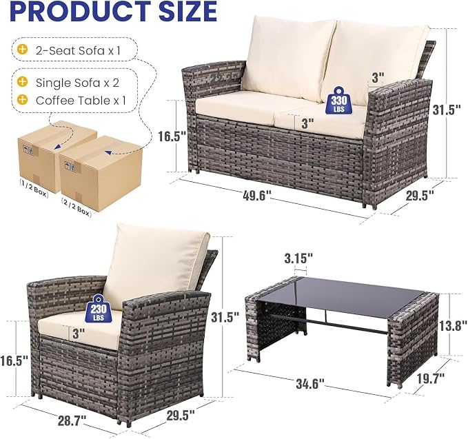 4 Piece Outdoor Patio Furniture Set with Wicker Sectional Sofa Couch, Cushioned Conversation Set and Coffee Table for Garden, Balcony, Porch Lounge Seating Area