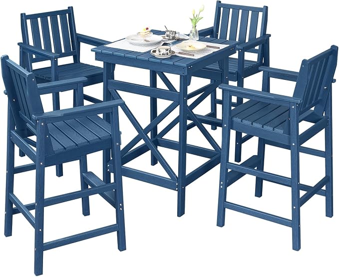5 Pieces Adirondack Bar Chairs Set, HDPE Patio Bar Height Table and Chairs, Tall Adirondack Outdoor Bar Stools Set, HDPE Patio Bar Table Sets Furniture for Poolside, Balcony, Garden, Navy