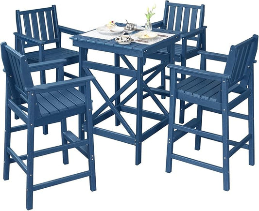 5 Pieces Adirondack Bar Chairs Set, HDPE Patio Bar Height Table and Chairs, Tall Adirondack Outdoor Bar Stools Set, HDPE Patio Bar Table Sets Furniture for Poolside, Balcony, Garden, Navy