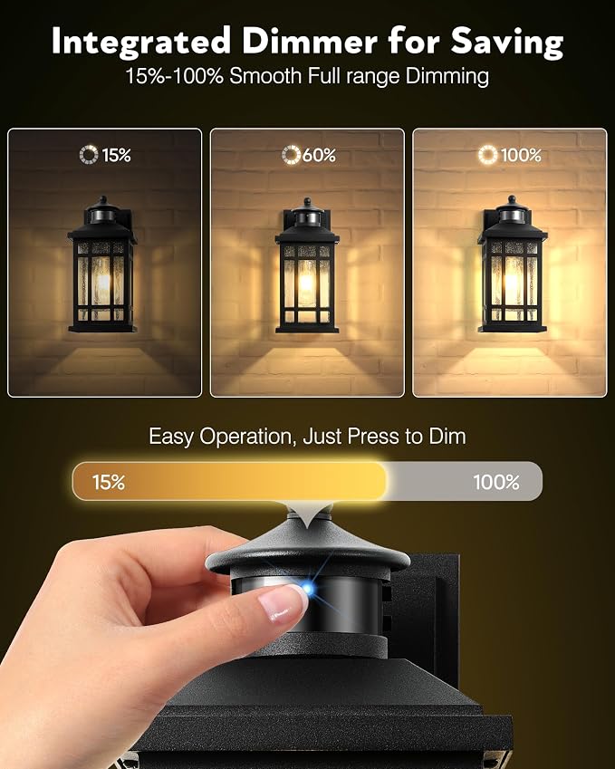 Motion Sensor Outdoor Light Adjustable Sensing Range, 2 Pack Black Dusk to Dawn Exterior Lighting Fixtures with Seed Glass, Aluminum Anti-Rust Outside Lights for House Garage Doorway Garden