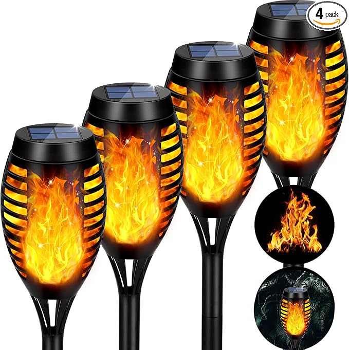 Solar Lights Outdoor, 4 Pack Solar Torch Light with Flickering Flame, Waterproof Outdoor Garden Lights for Yard, Tiki Torches for Outside Patio Pathway Decorations