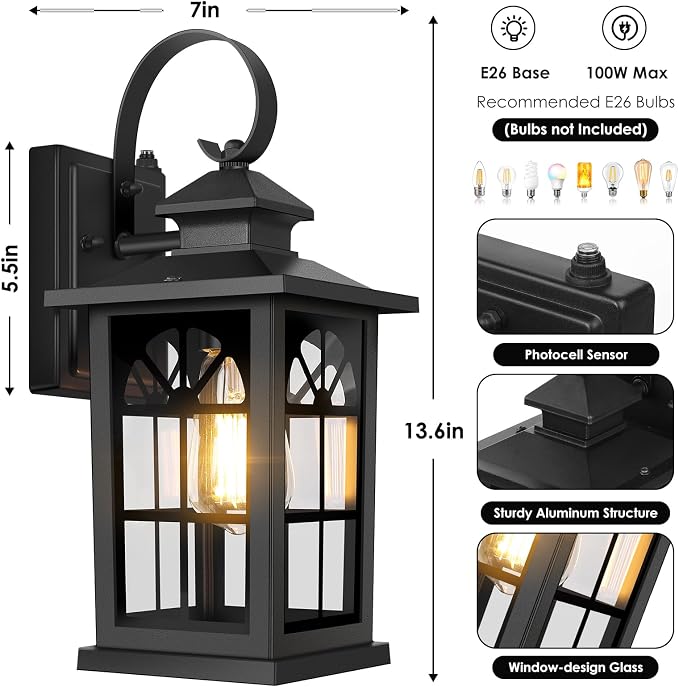 2-Pack Dusk to Dawn Outdoor Wall Light Fixtures, 100% Aluminum | Auto ON/OFF, Waterproof, Rust-Resistant, Sturdy Glass, Standard E26 Sockets, Easy to Install