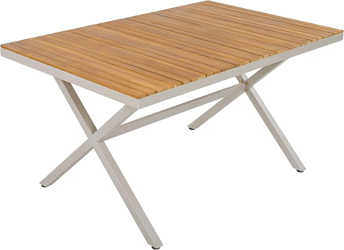Christopher Knight Home Rado 55”L Wooden Outdoor Dining Table with Steel Frame, Sturdy Rectangular Patio Table for 4-6 People, Dining Room Table with Slatted Design and X-Shaped Legs, Teak + Beige