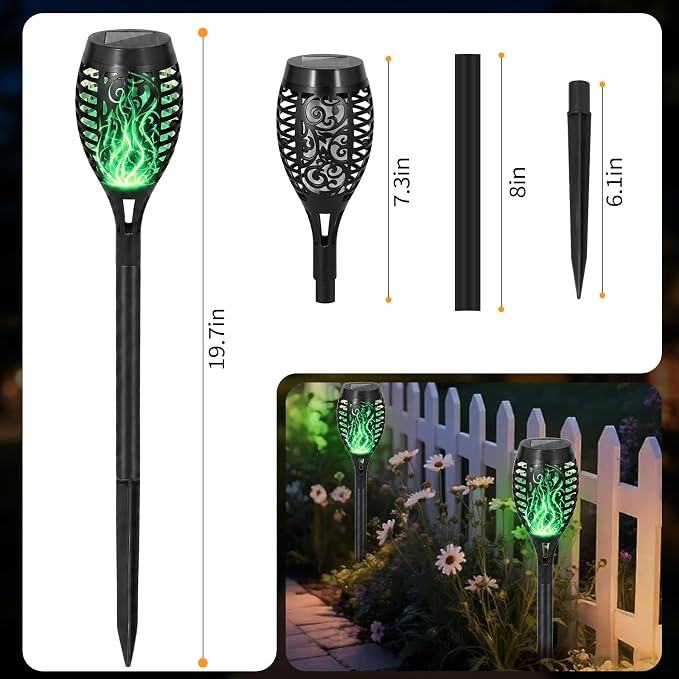 8 Pack Solar Lights Outdoor, Green Flickering Flame Torches | Green Flickering Flame, Long Nighttime Glow, Auto-On at Dusk, IP65 Weather-Resistant, Tool-Free Ground Setup