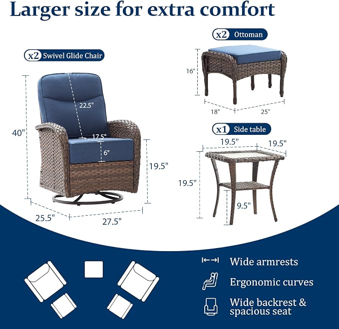 Outdoor Swivel Rocking Chair Patio Set (5-Piece), High-Back - Thick Cushion Swivel Rocking Chair Patio Set, All-Weather Wicker Patio Furniture Set, Suitable for Balcony Patios, Brown/Blue