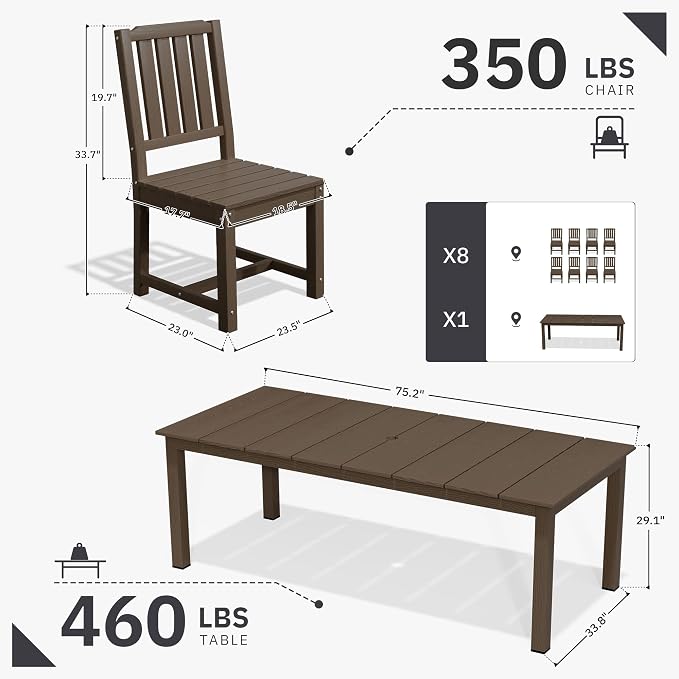 AreShark 9-Piece Outdoor Dining Set,HDPE Patio Table with 8 Armless Chairs,All-Weather Patio Furniture Set with Umbrella Hole,Low Maintenance Wood Grain Dining Set for Backyard,Garden,Poolside,Black