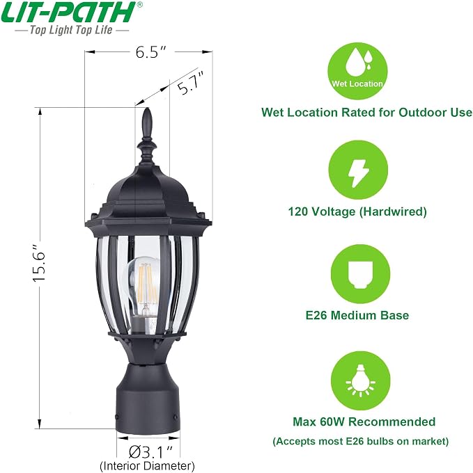 Outdoor Post Light, Rustproof Aluminum Pole Lamp, Black | Exterior Lamp Post Light Fixture for Garden, Yard, Pathway, Waterproof, Glass, E26 Base, Max 60W, 2 Pack
