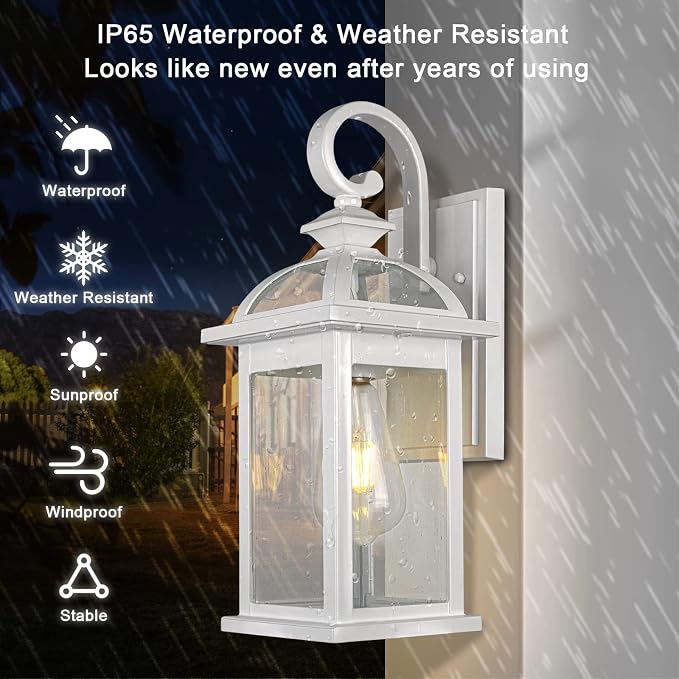Darkaway Outdoor Lights Fixtures Wall Mount, Outdoor Wall Sconce with Seeded Glass Waterproof Outside Exterior Lights Fixture for House, Front Porch, Patio (2 Pack, White)