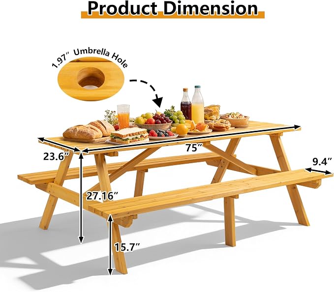 75 inch Wooden Picnic Table,Outdoor Wooden Dining Rectangle Table w/Umbrella Hole,Picnic Table Bench Set for 6 or 8 Person，2200lbs Capacity Natural for Camping, Garden & BBQ,Yellow