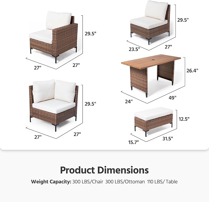 LAUSAINT HOME 9 Pieces Outdoor Patio Furniture Set with 43" Fire Pit Table, PE Wicker Sectional Conversation Sofa with Adjustable Backrests, Storage Ottoman & Wood Table, Beige