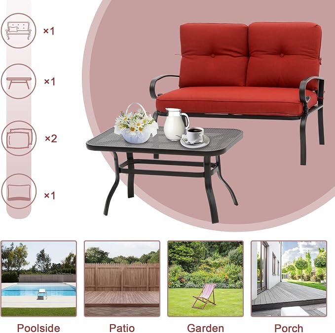 Incbruce 5 Piece Wrought Iron Patio Furniture Set Metal Outdoor Conversation Sets (Loveseat, Coffee Table and Bistro Table, 2 Spring Chair) with Cushion (Red)