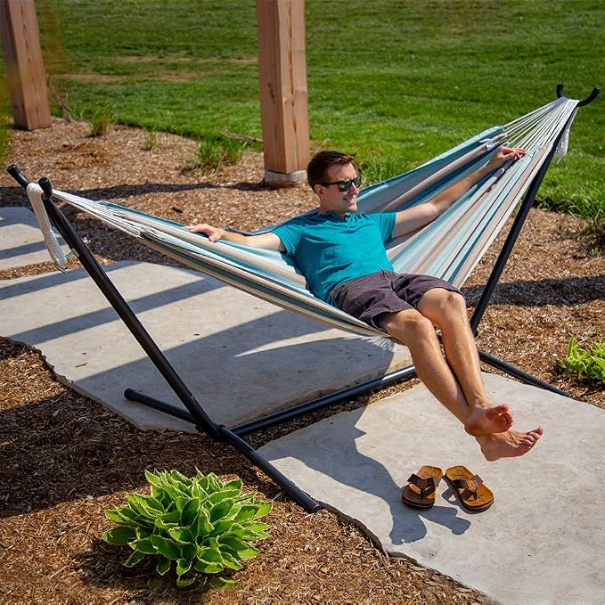 Vivere Double Hammock and Stand Combo – Durable, Comfortable, 450 lb Capacity, Heavy Duty Steel Stand, Tool-Free Assembly, Includes Carry Bag, Gateway Mist
