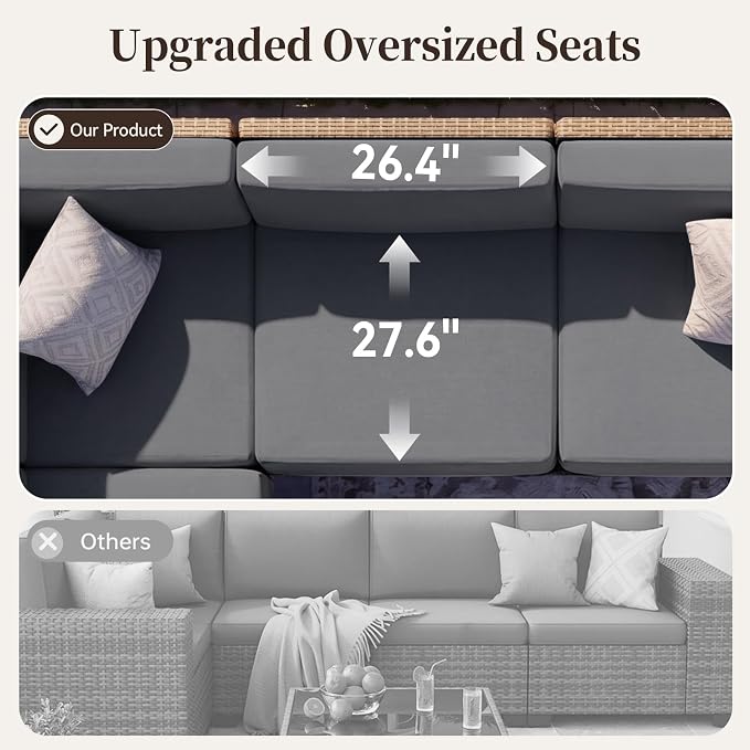 LazySunsets Patio Furniture Set, 6 Pieces Wicker Outdoor Sectional Sofa with 10'' Ultra-Thick Cushions & Ottomans, All-Weather Rattan Conversation Set for Backyard Poolside, Yellow/Dark Gray