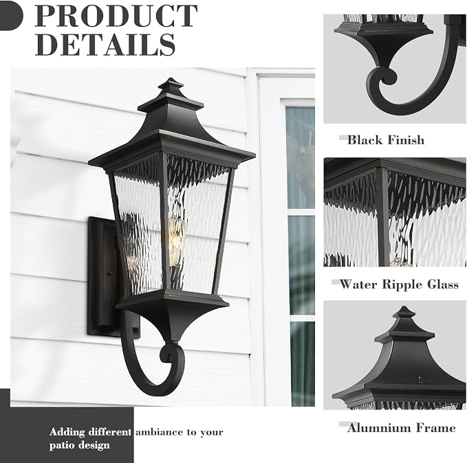 Emliviar 29.3" Large Exterior Wall Light, Outdoor Wall Sconce Suitable for House Porch, Water Ripple Glass in Black Finish, XE292UB-L SW BK