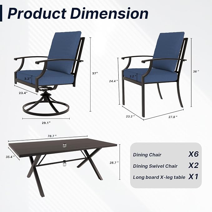 9 PCS Outdoor Patio Dining Set,Patio Table and Chairs Metal Outdoor Patio Furniture Set with Umbrella Hole,Dining Table Set with Swivel Chairs for Deck,Backyard and Garden,Navy Blue