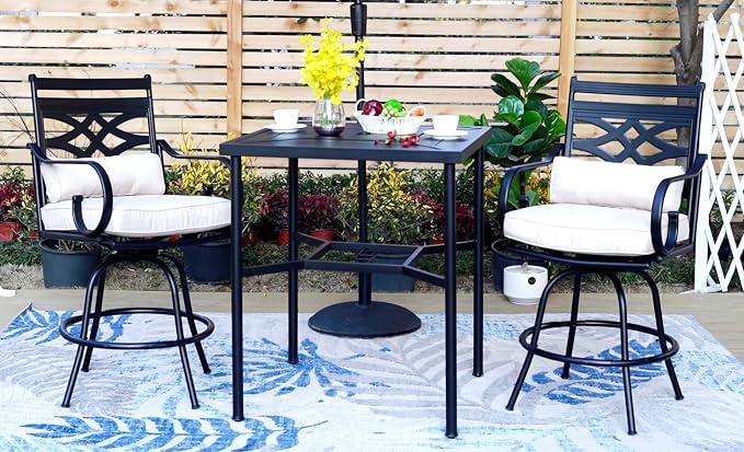 MFSTUDIO 38” Patio Counter Height Bar Table, with 32” Square Heavy Duty Metal Table Top for 4, All Weather Resistant Outdoor Table with Umbrella Hole, Black