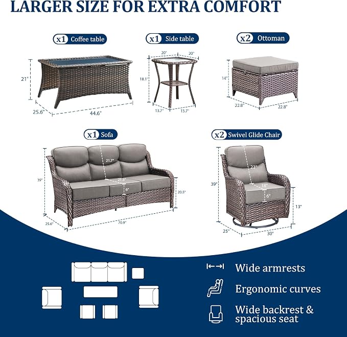 Luxury Swivel Rocker Chair Sofa Set with 6" Thick Cushions,7-Piece Wicker Patio Chair with Coffee Table and Ottoman,Outdoor Comfortable High Back Chair Patio Furniture Set - Brown | Gery