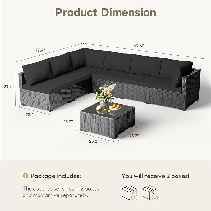 Patio Furniture Set - All-Weather - 7 Piece Patio Outdoor Conversation Set, Modular Wicker Rattan Sectional Sofa for Backyard, Garden, Poolside, Balcony, Porch, Patio,Black/Black