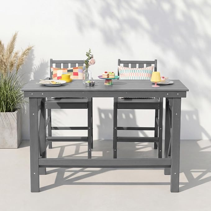 3-Piece Outdoor Bar Table and Chairs Set, HDPE Counter Height Patio Dining Sets, Adirondack Bar Height Chairs Set of 2 and Bar Table for Bistro, Poolside, Backyard, Grey
