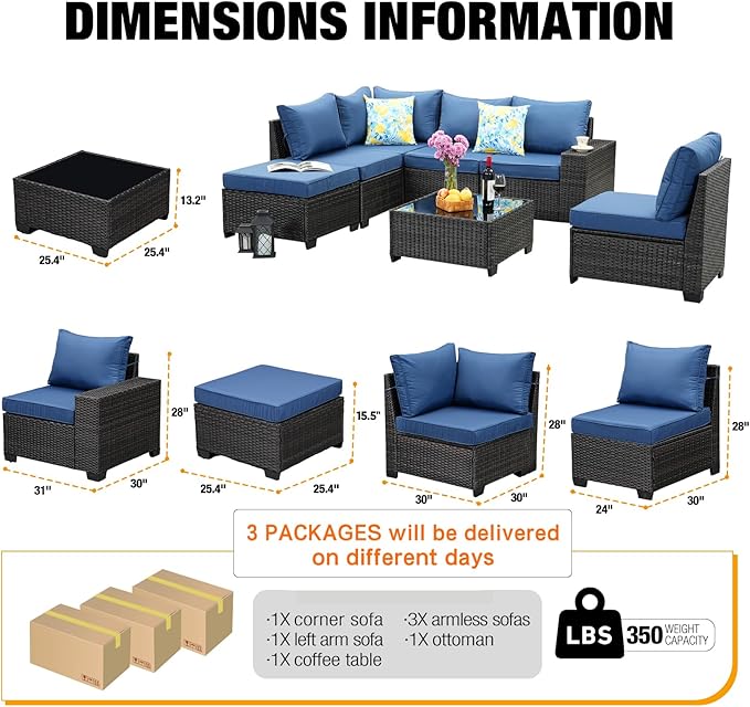 JOYURE 7 Pieces Patio Furniture Set All-Weather Outdoor Wicker Sectional Conversation Sofa Rattan Patio Seating Sofa with Cushion and Glass Table and Ottoman for Porch Poolside,Navy