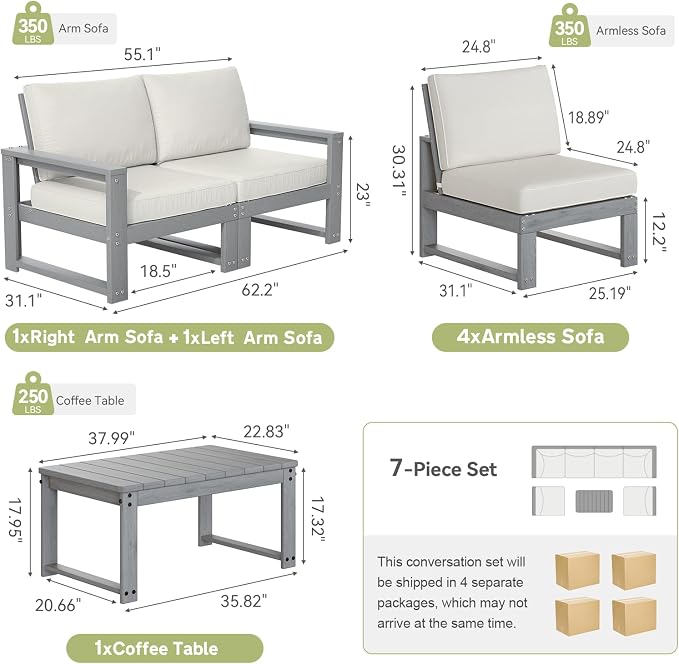 Outdoor Furniture, 7-Piece Patio Furniture Set with Cushions,HDPE Outdoor Couch Sets 6 Seats, L Shaped Patio Sectional Sofas for Porch, Backyard, Deck, Grey