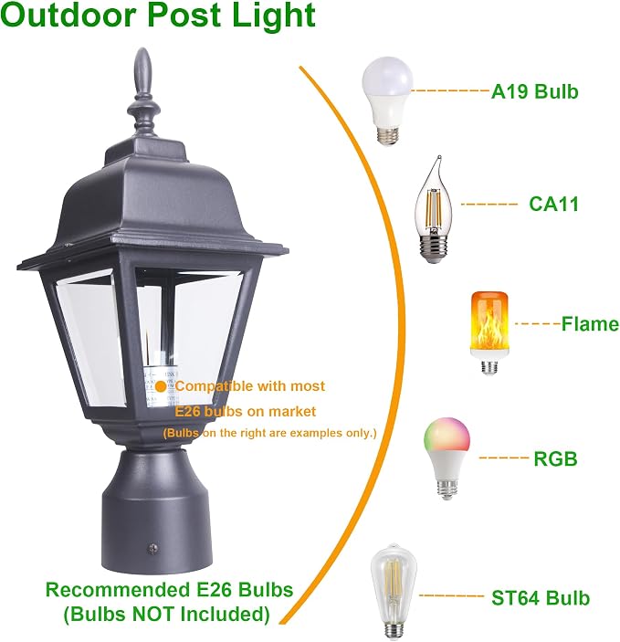 Outdoor Post Light, Rustproof Aluminum Pole Lamp, Black | Exterior Lamp Post Light Fixture for Garden, Yard, Pathway, Waterproof, Glass, E26 Base, Max 60W, 2 Pack