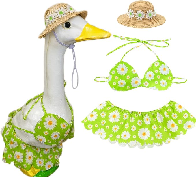 Daisy Goose Outfits 3Pcs Bikini Set for 23" Porch Goose - Spring & Summer Porch Goose Decor with Straw Hat, Daisy Print Top and Skirt, Cute Beach Bikini Goose Outfits for Lawn Garden Patio