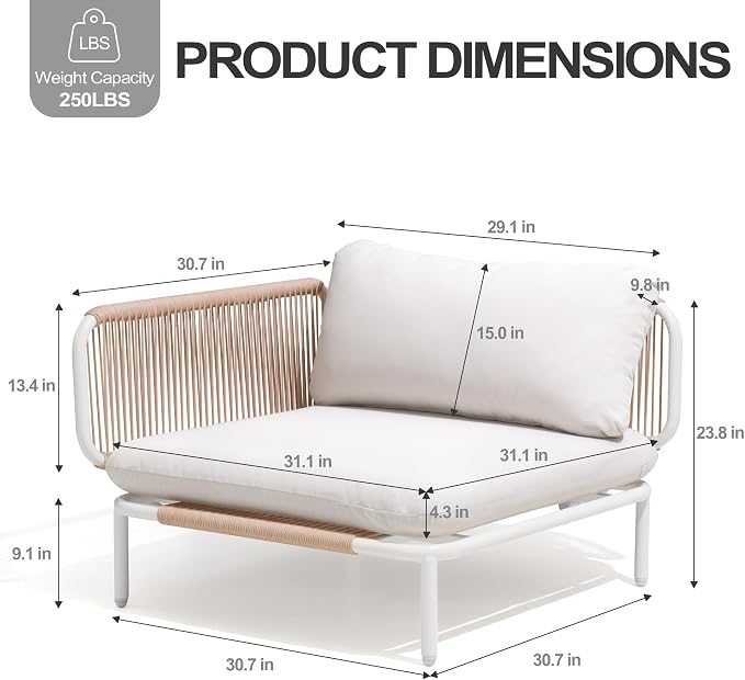 4 Piece Modern Outdoor Sectional Sofa, 31" Oversized Patio Furniture Set with Olefin Woven Rope, Weather-Resistant Metal Frame and Removable Cushion, Beige