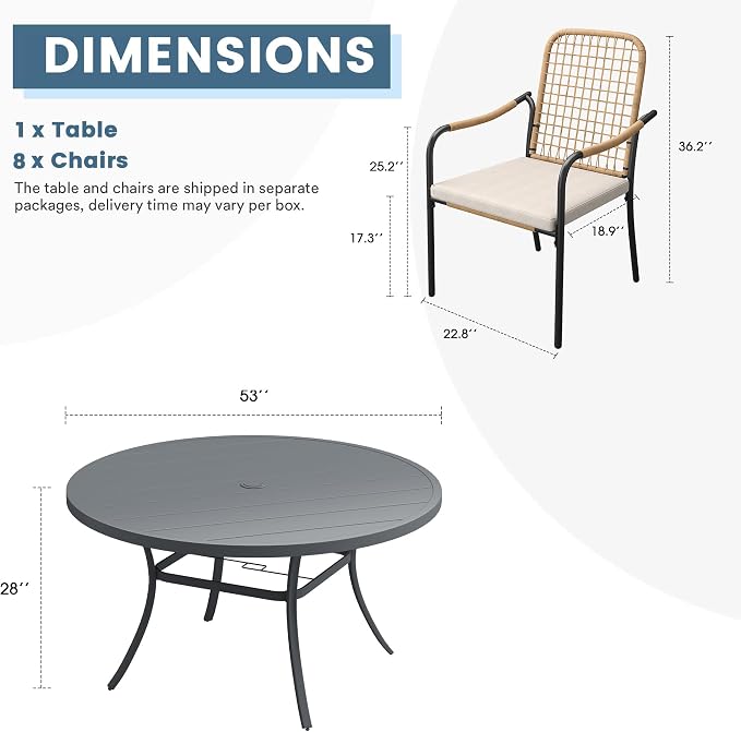 DIFY 9 Pieces Outdoor Dining Set for 8, 53" Round Dining Table with Umbrella Hole & Wicker Stackable Patio Chairs with Cushions, Metal Patio Table and Chairs Set for Backyard Porch Garden, Grey