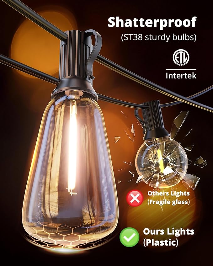 Outdoor String Lights 50FT, Patio Lights Outdoor Waterproof with 27 Bulbs | Shatterproof,Edison Outside Lights,Plug-In,2700K Dimmable, Connectable, Hanging Light for Porch Garden Backyard Deck Balcony