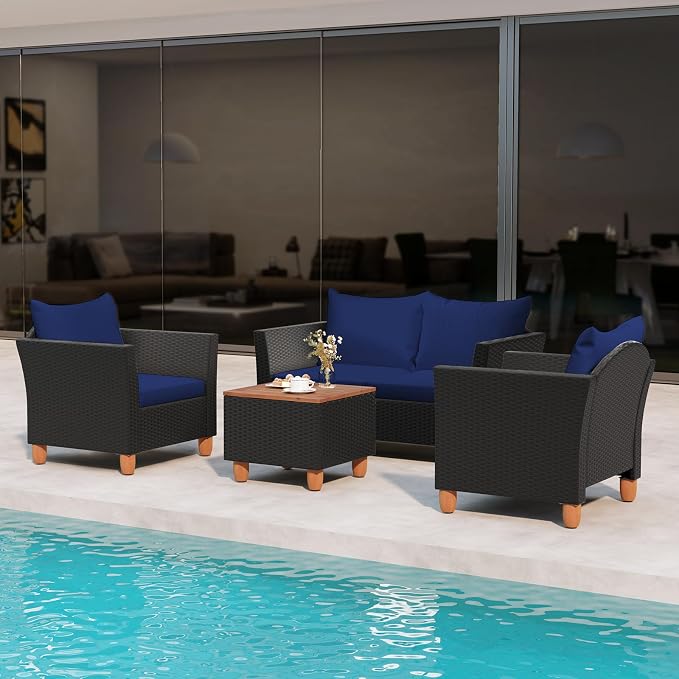HAPPYGRILL 4 Pieces Wicker Patio Conversation Set, PE Rattan Chair & Ottoman Set with Removable Cushions, Storage Coffee Table, Outdoor Furniture Set for Garden Backyard Poolside (Navy)