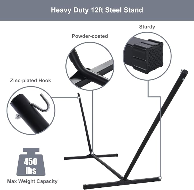 Large Hammock with 12FT Steel Stand, Freestanding Hammock with Curved Spreader Bar, Pillow and Portable Bag for Outside, Gray Ripples