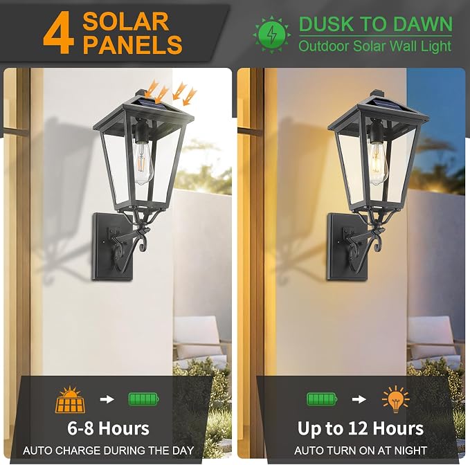 Solar Outdoor Wall Light, 20'' Vintage Lantern-Style Sconce with Remote Control, Alluminum Matte Black Weatherproof Exterior Lighting Front Porch Lights for House Garage Doorway Patio