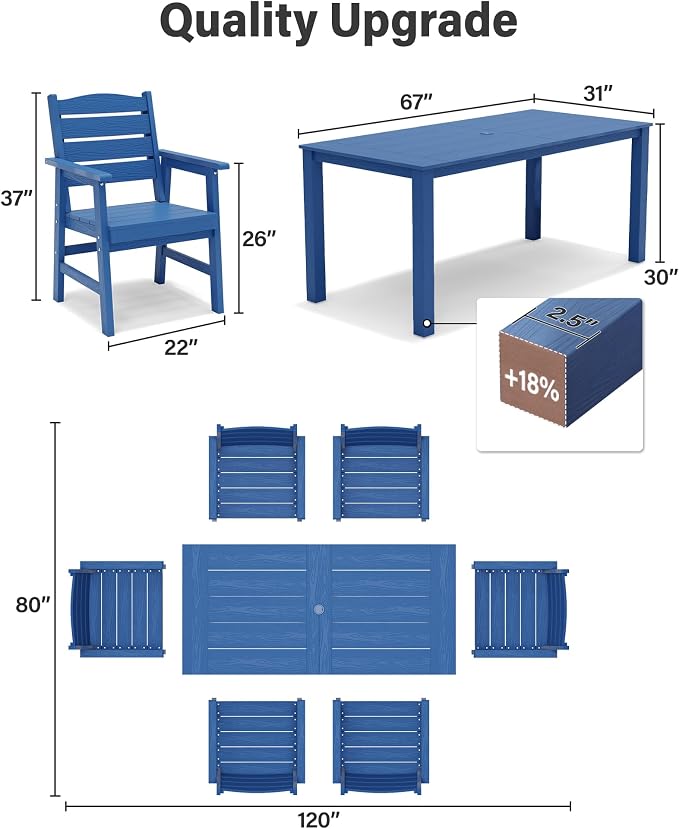 YEFU Outdoor Patio Table HIPS: 67" Rectangle Outdoor Dining Table with Umbrella Hole & Metal Aluminum Frame - All-Weather Patio Dining Table for 6 Person Modern Outside Furniture for Deck Garden Blue