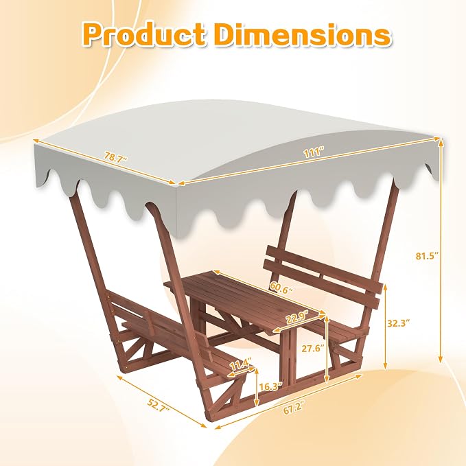 KEIKI Outdoor Waterproof Solid Wood Picnic Table and Bench Set with Removable Canopy, Outdoor Picnic Table Set for Patios, Gardens, Decks, Parks, Beaches