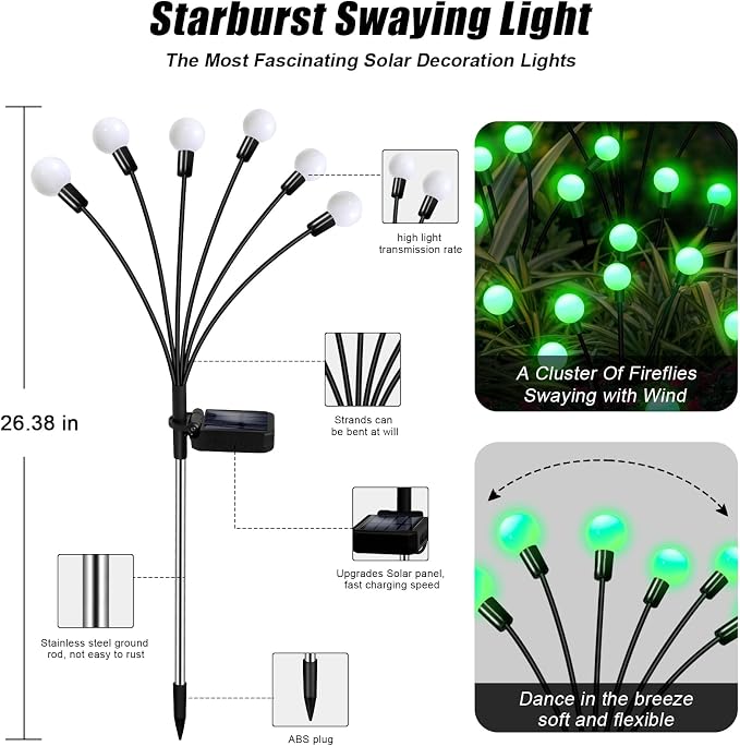Solar Garden Lights Outdoor Waterproof, Swaying Firefly Light, Garden Decor | 4 Pack Solar Firefly Lights, Auto On/Off Decor for Yard, Patio, Pathway and Lawn, Gifts for Women, Christmas Decor (Green)