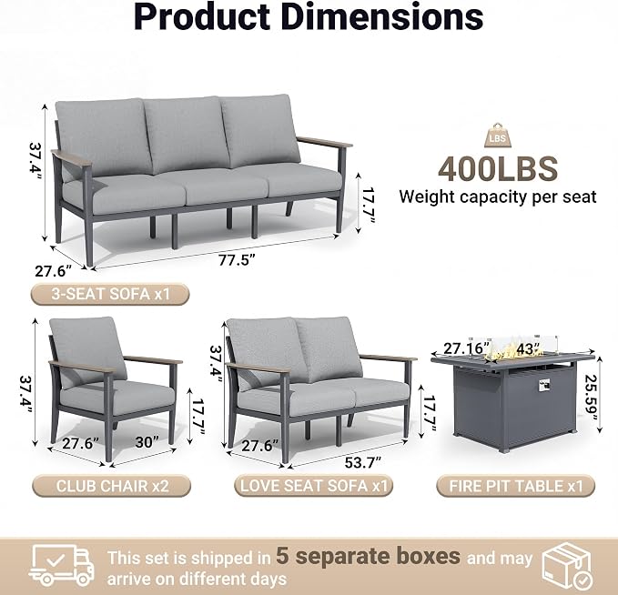 Aluminum Outdoor Patio Furniture Set, 5-Piece Sectional Sofa with 5.1" Thick Cushions, 55,000 BTU Propane Fire Pit Table, Outdoor Couch for Backyard, Deck, Gray