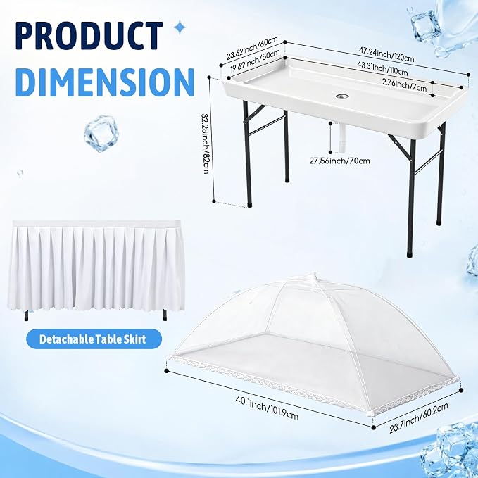 46 Inch Folding Ice Cooler Table with Matching Skirt and Extra Large Mesh Food Cover Plastic Portable Ice Table to Keep Drinks Cool for Party Picnic BBQ Camping Fishing
