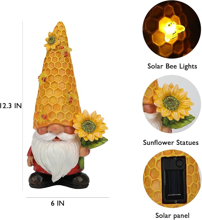 12.3''Garden Sunflower Gnomes Outdoor Statues Clearance for Garden Decor with Solar Bee Lights,Summer Decorations Gnomes Outside Decor - Gifts for Mom Woman,Yard Art Ornament for Patio Lawn