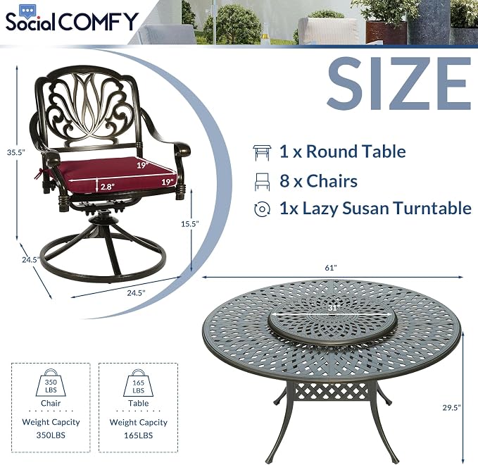 9-Piece Patio Cast Aluminum Dining Set for 8, Outdoor Dining Furniture Set, Includes 8 Cushioned Chairs and 61" Large Round Dining Table with 31" Lazy Susan, Umbrella Hole, Red