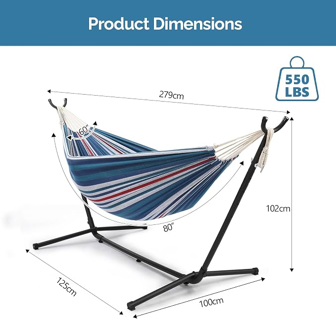 Double Hammock w/Stand – 550lb Capacity, Portable, Blue/Purple