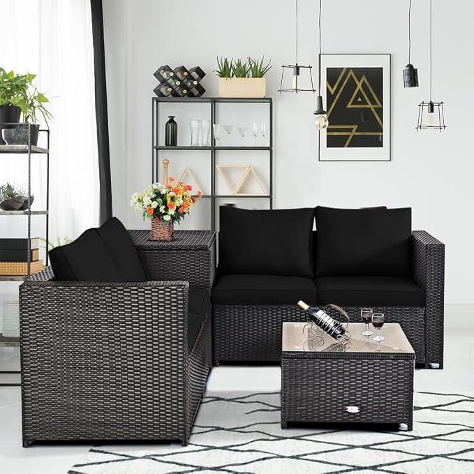 Tangkula 8 Piece Wicker Patio Set with Storage, All Weather-Proof Outdoor Conversation Set with Loveseat, Glass Top Coffee Table & Storage Box, Suitable for Garden, Poolside, Sunroom (2, Black)