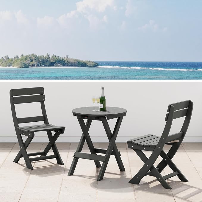Costaelm Outdoor Bistro Table and Chairs Set of 2, Round Portable Folding Bar Height Barstool Set of 3, Tall Balcony Pub High Top Table 3 piece Patio Set for Deck, Backyard, Garden, Gray