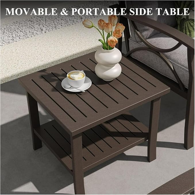 Penau 19 Inchs Square Metal Outdoor Side Table, 2 Tier Powder Coated Steel End Table, Slatted Top for Quick Drainage, Compact Patio Accent Table 19 x 19 x 18 Inchs, Brown