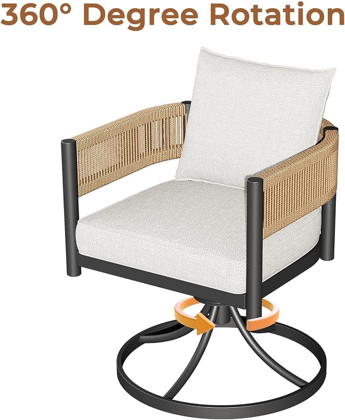 Grand patio 5 PCS Outdoor Dining Set, Metal Woven Wicker Swivel Patio Chairs with Thickened Cushions & 1 Square Woodgrain Dining Table with Umbrella Hole for Backyard Deck (Natural)