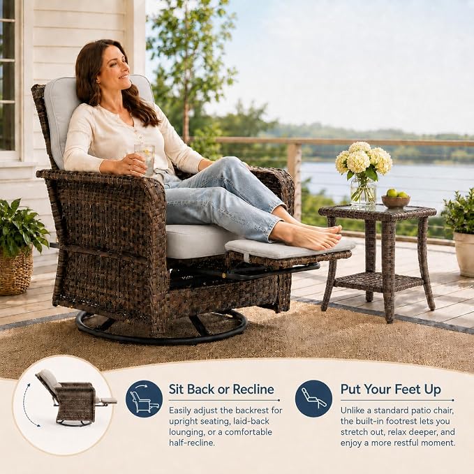 Yechen 3 Piece Outdoor Patio Wicker Chairs with Footrest and Adjustable Backrest, Furniture Set with 2 Swivel Chairs and Side Table, Thickened Seat Cushions for Porch Deck Backyard, Cool Greige