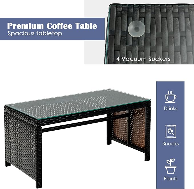 Tangkula 4 Pieces Rattan Furniture Set, Outdoor Conversation Set w/Chair & Loveseat & Tempered Glass Coffee Table, Suitable for Garden, Backyard, Poolside, Patio Furniture Set for 4 (2, Black)