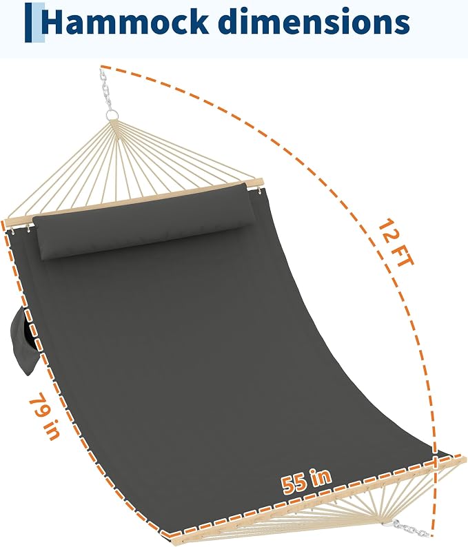 TrailBlaze Comfortable 2 Person Quilted Hammock with Hardwood Spreader Bars & Pillow – 450lbs Capacity – Ideal for Patio, Backyard, or Poolside – Double Outdoor Hammock – Dark Gray