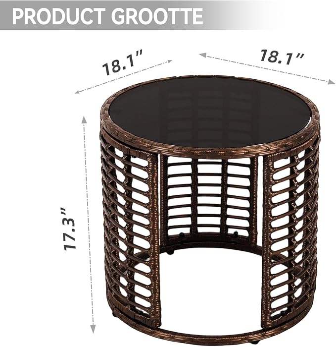 Kinfant Round Outdoor Wicker Coffee Table – Patio Side Table with Tempered Glass Top, Ottoman Style End Table for Balcony, Porch, Deck, Garden, Weather-Resistant Rattan, Easy Assembly
